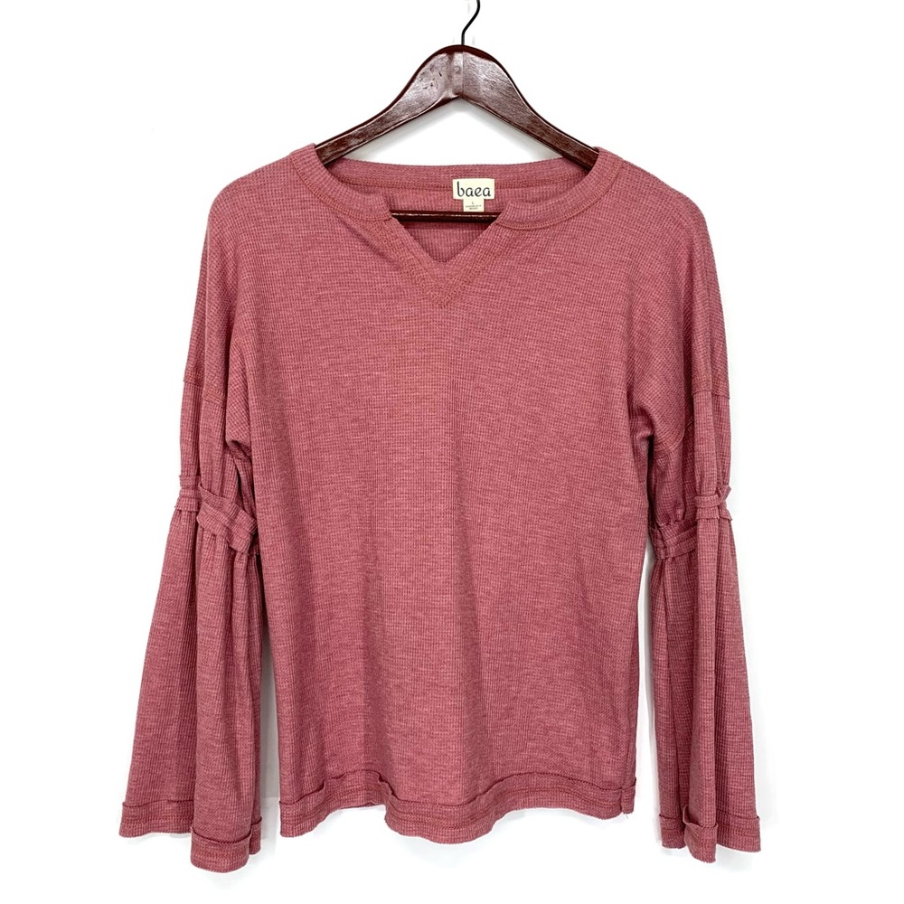 Nordstrom’s Baea Long Bell Sleeve Raw V-Neck Thermal Stretch Shirt In Dusty Rose